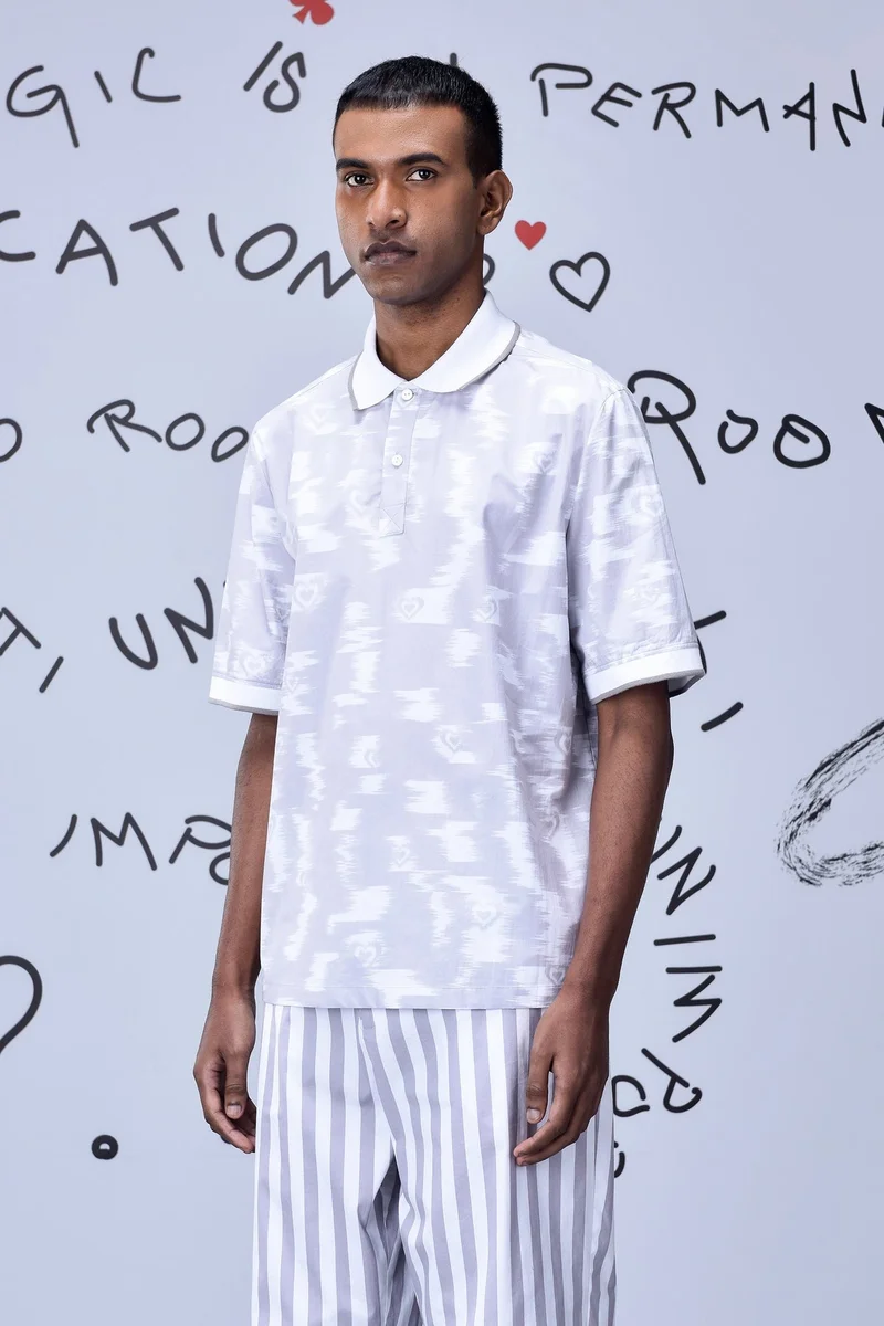 Genes Lecoanet Hemant Ikkat Print Polo- Pearl Grey